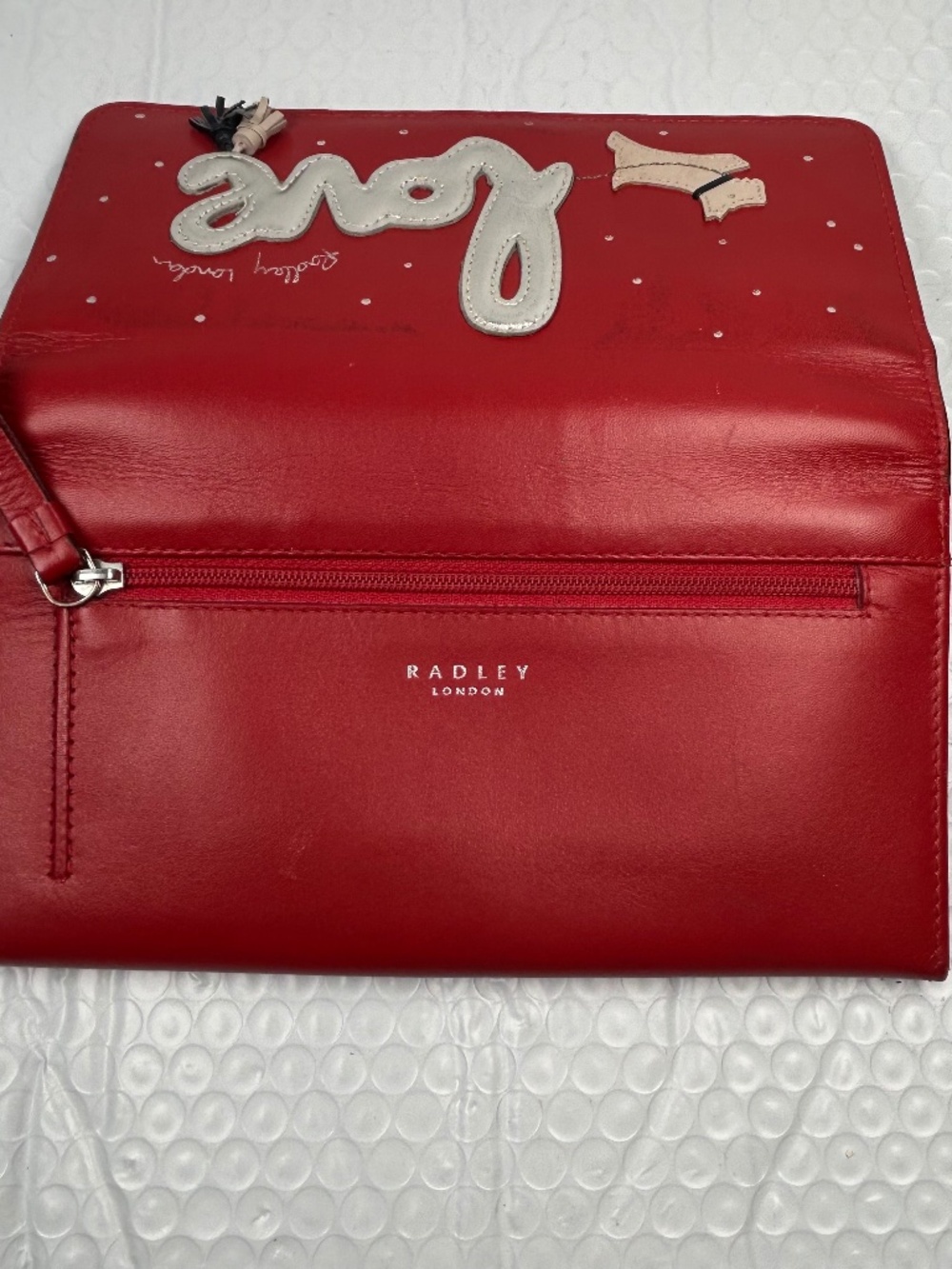 Radley London "Love is in The Air" Red Wallet Silver Embroidered "Love"